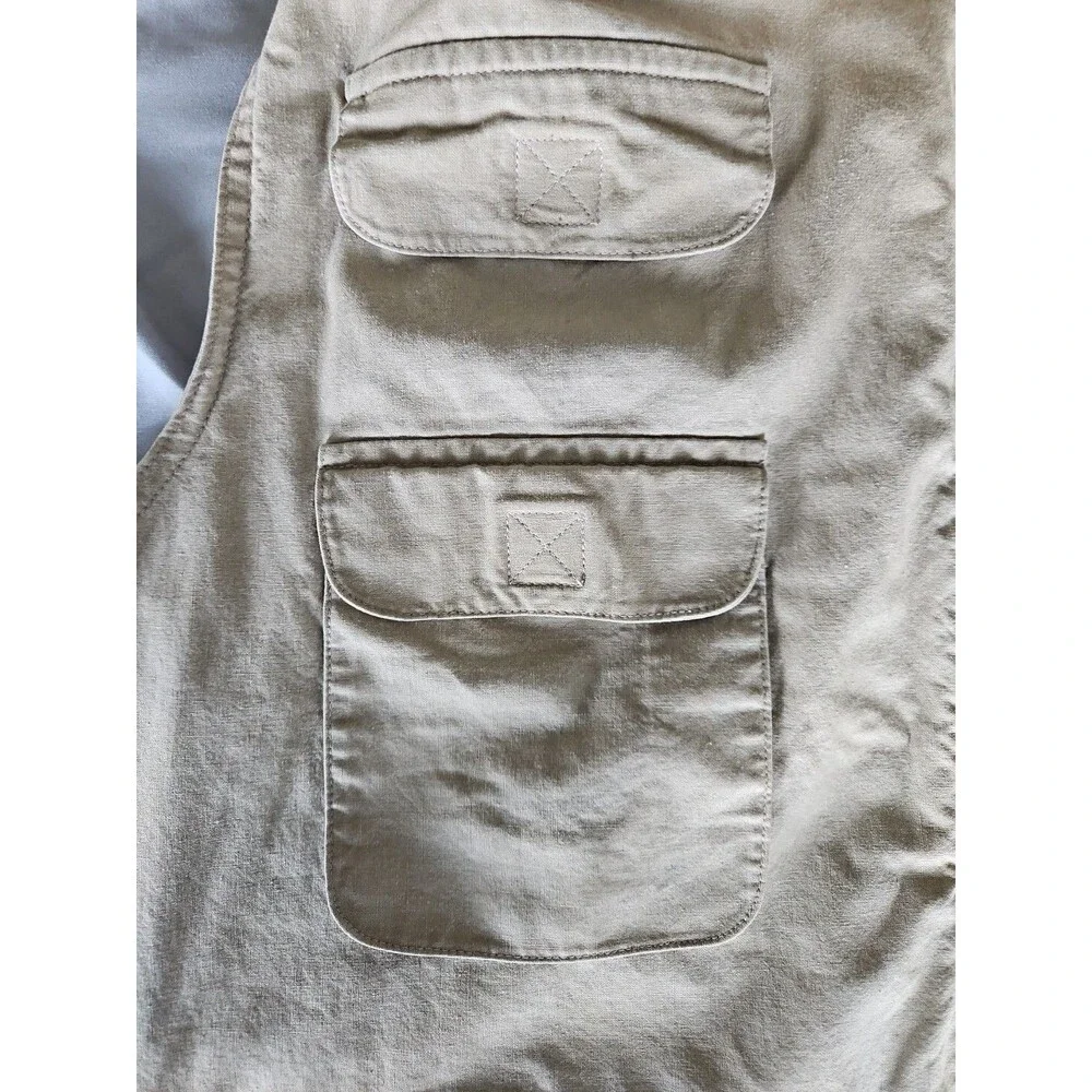 VTG BANANA REPUBLIC Men's Safari Vest XL Beige Full Zip Hooded Cargo Pockets